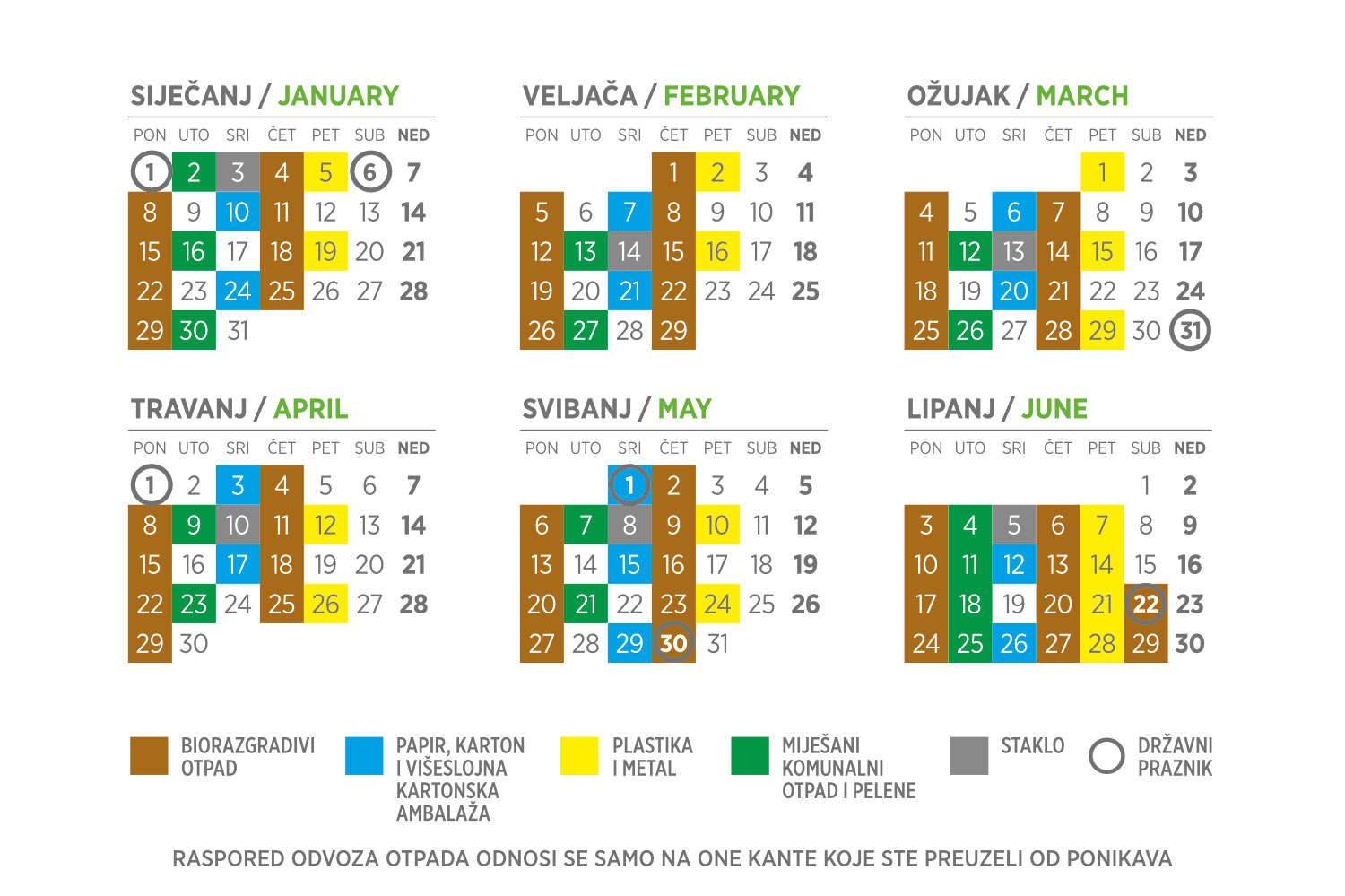 Kalendar odvoza otpada 2024. godina (1-6 mjesec)